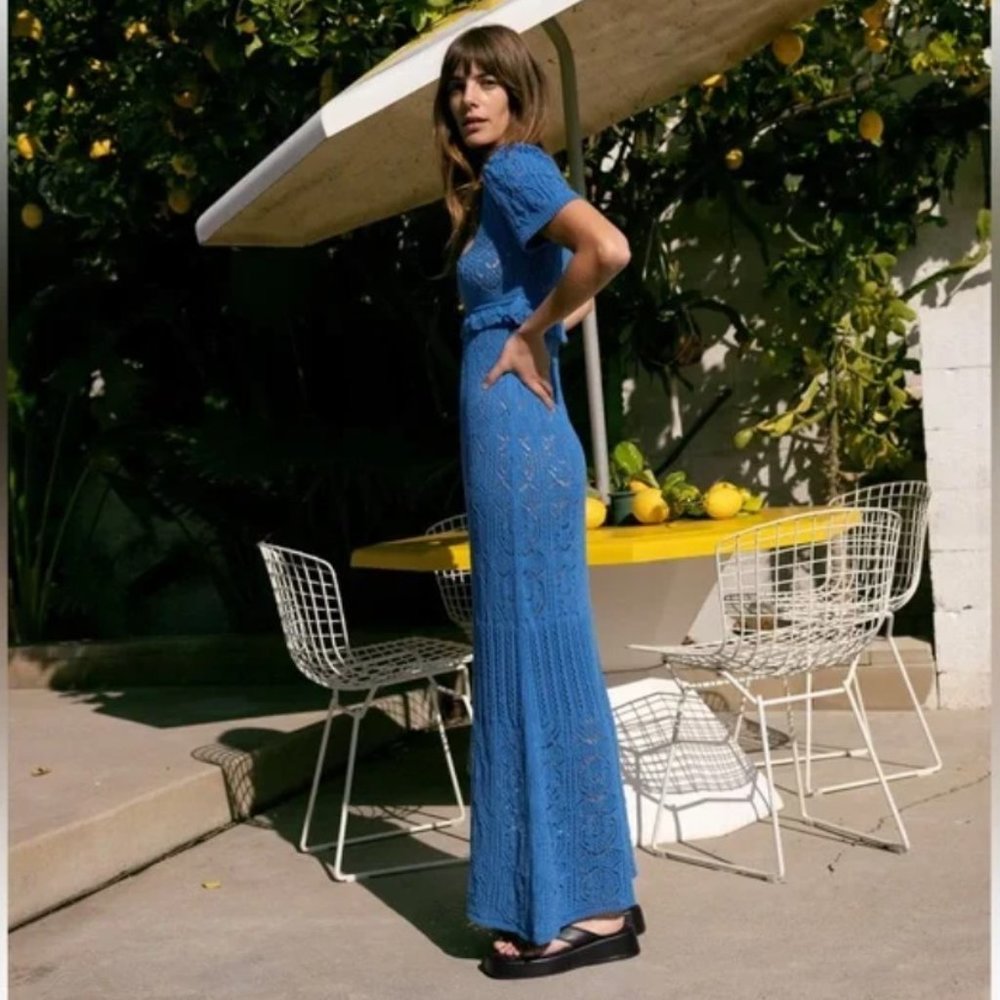 ZARA crochet knit long dress sz S blue